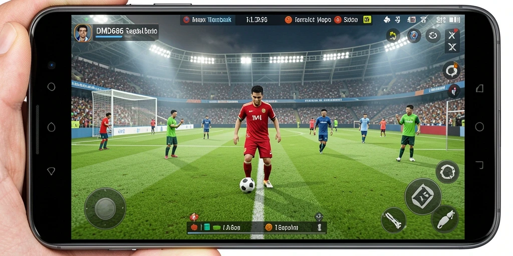 Tangkapan layar DMD686 menampilkan pertandingan sepak bola yang intens dan seru.