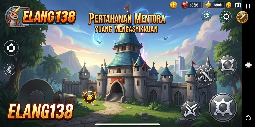 Tampilan gameplay ELANG138 yang seru dengan menara dan musuh.