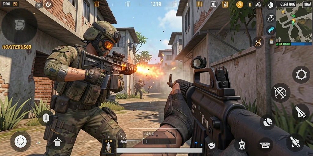Tampilan gameplay HOKITERUS88 dengan aksi menembak yang mendebarkan.