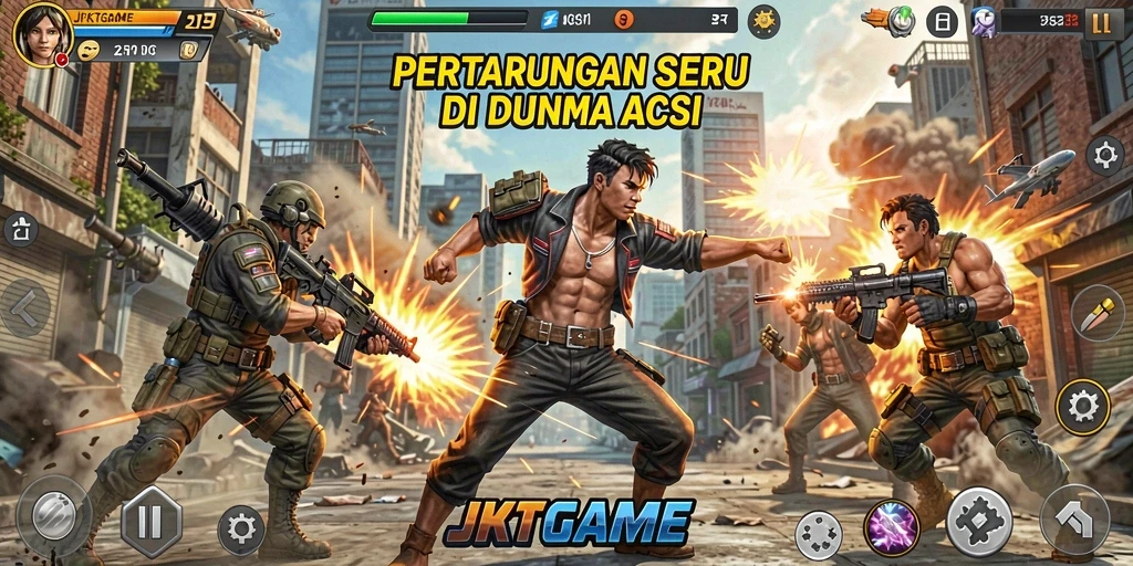 Screenshot utama JKTGAME menampilkan aksi pertarungan seru.