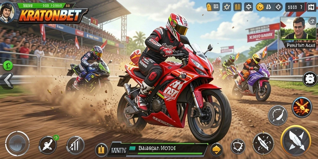 Tangkapan layar gameplay seru dari KRATONBET yang menunjukkan balapan motor yang mendebarkan.