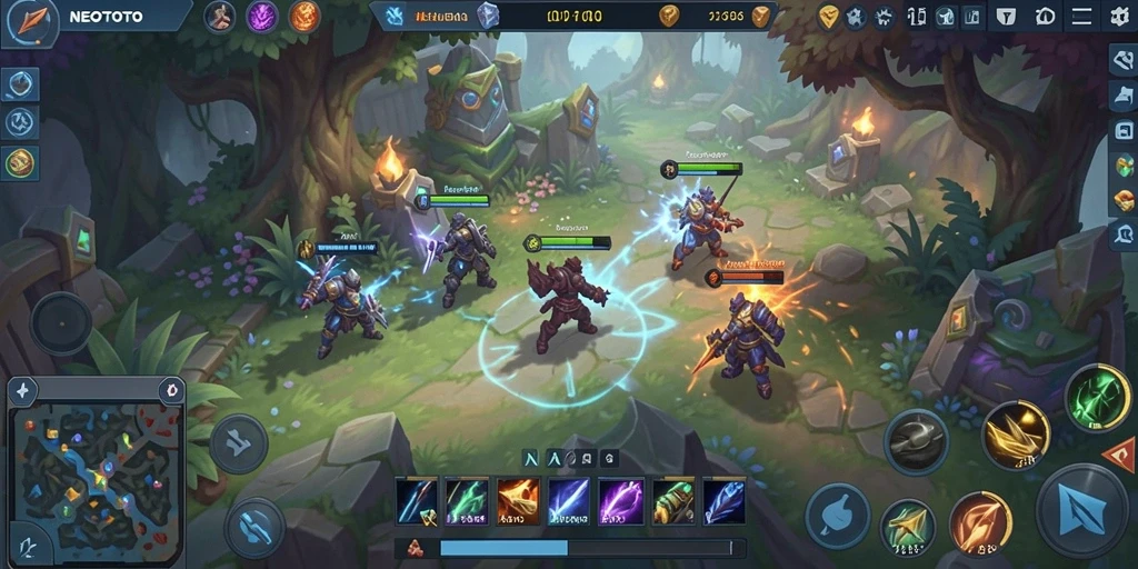 Tampilan mendebarkan gameplay NEOTOTO dalam pertempuran MOBA.