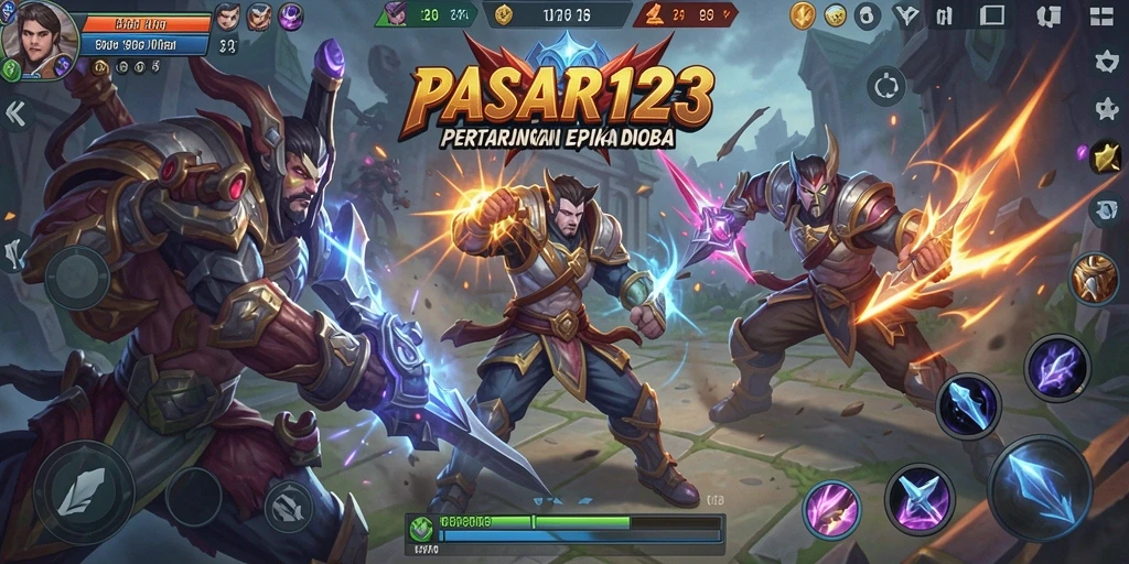 Tampilan seru aksi pertempuran dalam <strong>PASAR123</strong> MOBA.
