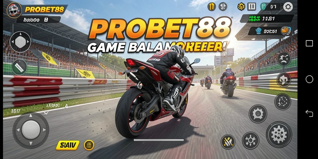 Screenshot game PROBET88 menampilkan aksi balap motor yang intens.
