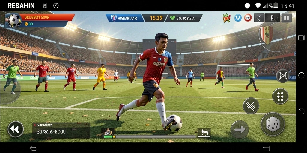 Tangkapan layar gameplay REBAHIN menampilkan aksi seru di lapangan sepak bola.