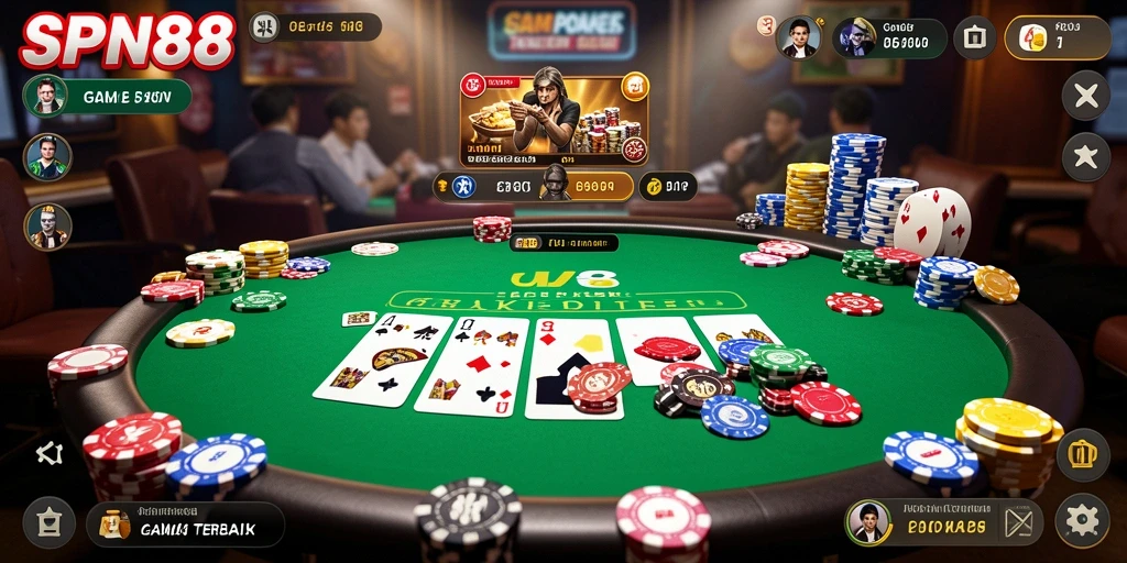 Tangkapan layar gameplay SPN88 dengan suasana permainan Poker yang menegangkan.
