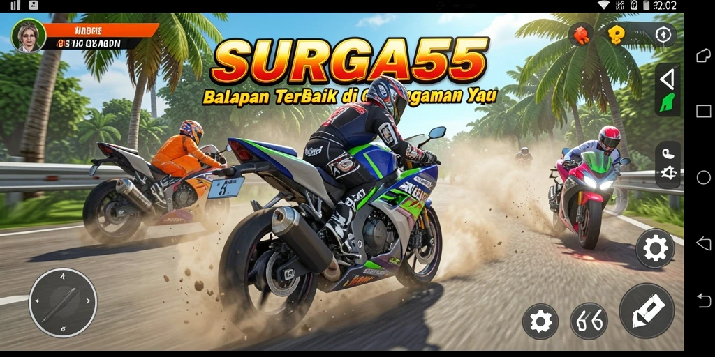 Screenshot gameplay SURGA55 menampilkan keseruan balapan motor.